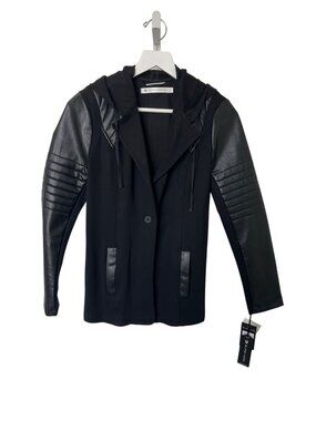 Blanc Noir Black Hooded Moto Blazer With Faux Leather Trim